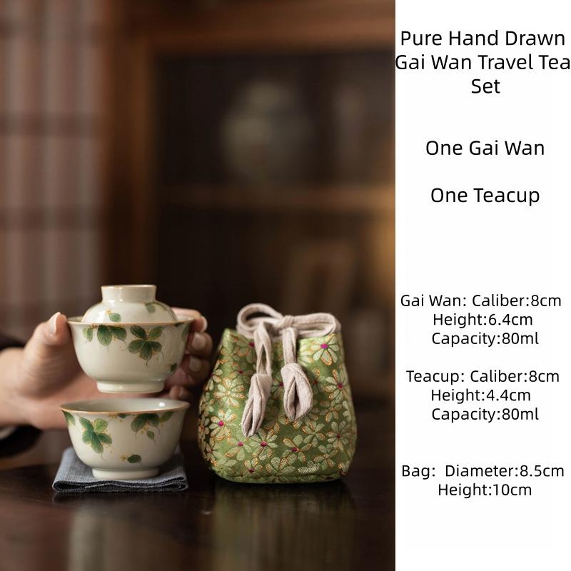 

Hand Drawn Beautiful Flowers Travel Tea Set Portable Kuaike Cup Office Outdoor Camping Tea Maker Tea Ceremony 1 Gai Wan 1 Teacup Two-piece Set