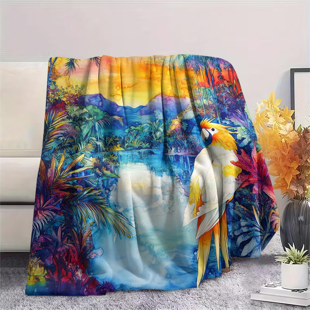 Rainforest Parrot Print Flannel Blanket, High Quality Comfortable for All Seasons, Home Decor, Warmth and Comfort, Perfect for Christmas Gifts