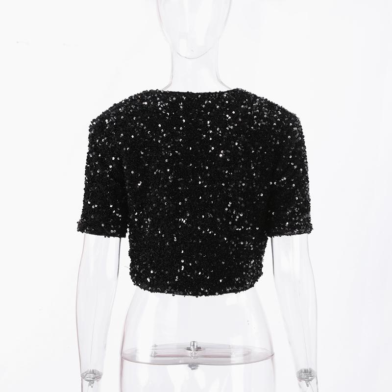 Bow Tie Lace Up Sequin Top Women's Short Sleeved V-neck Shirt Sweet Solid Color Blouses 2025 Spring and Summer Fashion