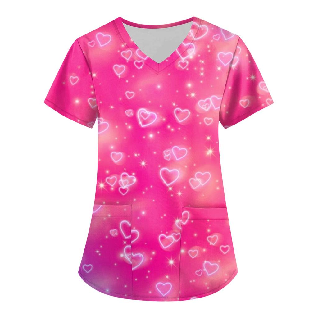 Women's Fashion V-neck Short Sleeve Workwear With Pockets Valentine's Day Printed Tops