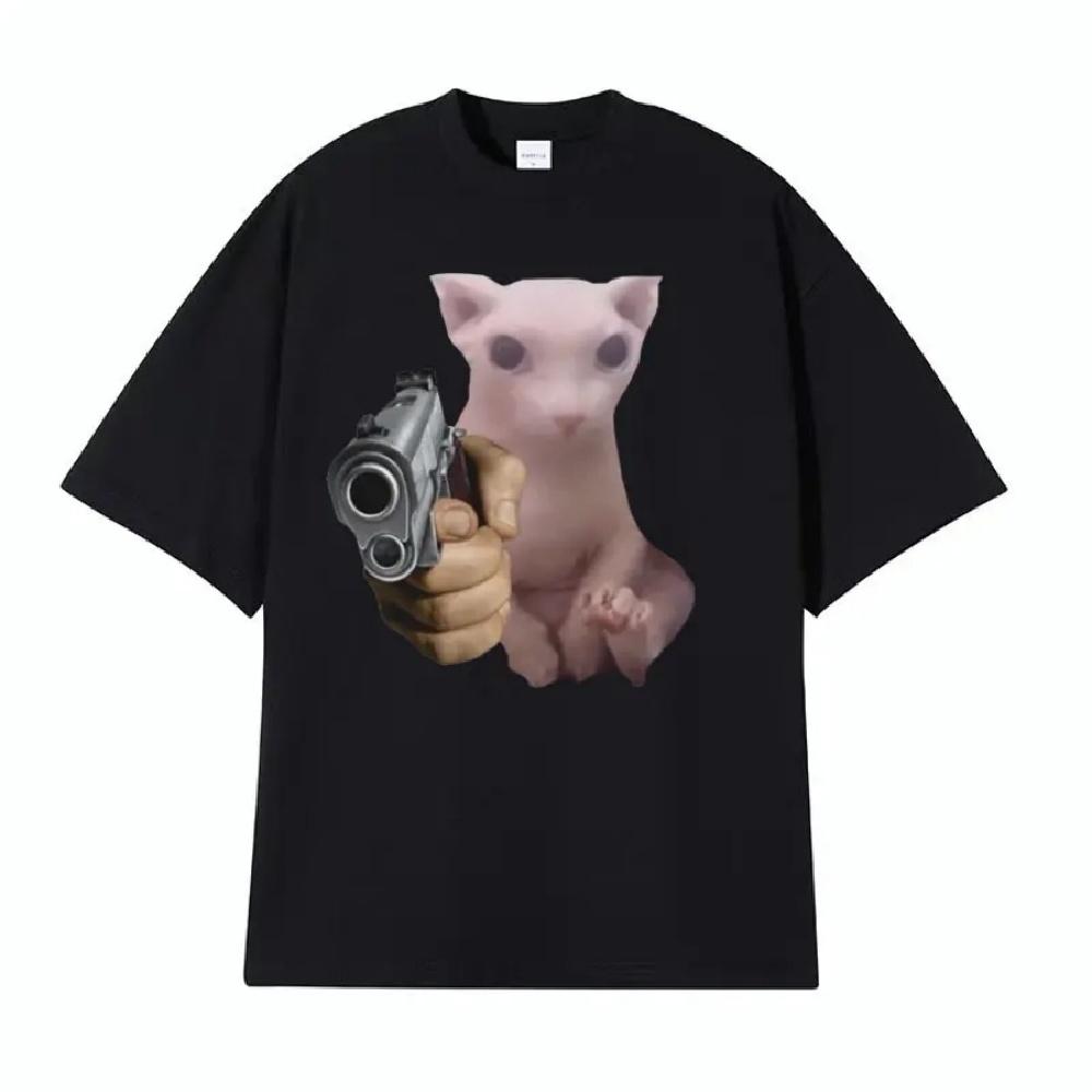 

Funny Bingus with Gun Cat Meme Tee Shirt Men Women s Casual Harajuku Fashion T-shirts Male 100% Cotton O-Neck Loose T Shirt Tops XXXXXL чорний