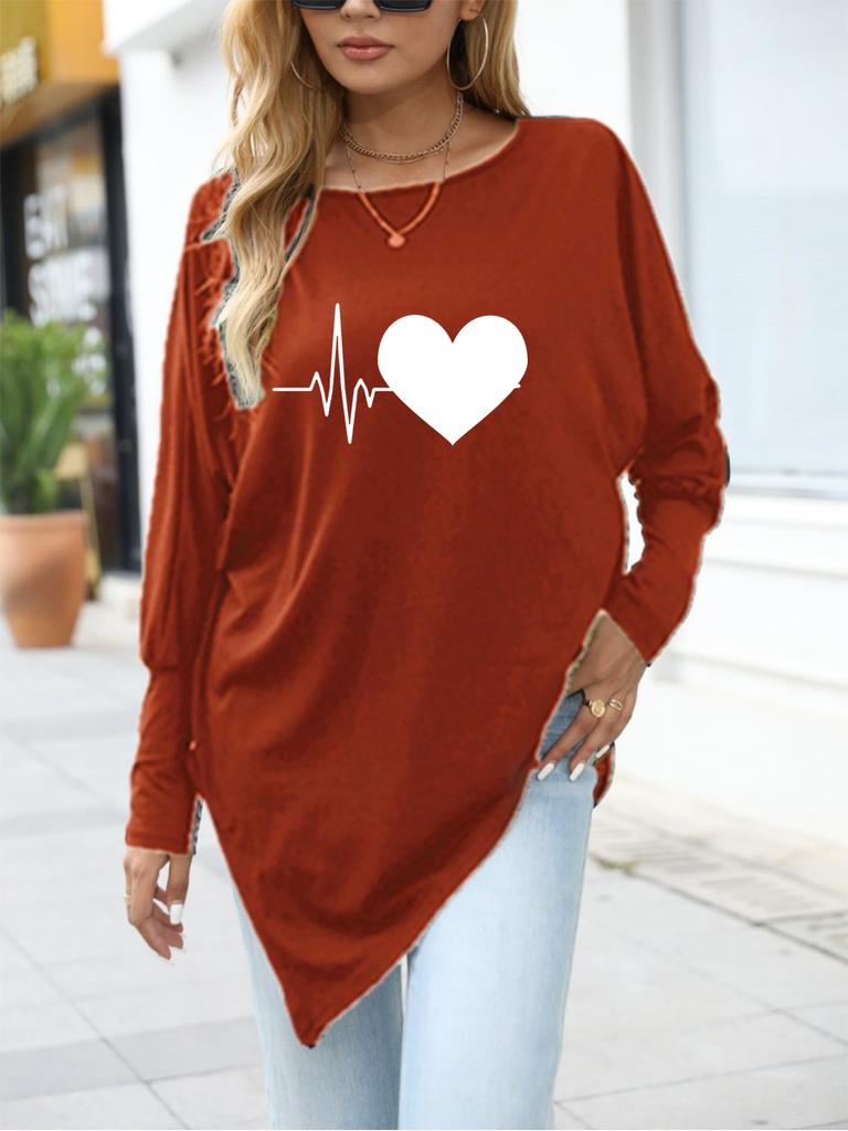 Women's Oversize Long-Sleeve Spring/Fall Asymmetrical Hem T-Shirt Fashion Printed Logn Sleeve Top