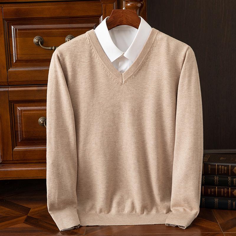 Suéter de Punto para Hombre con Cuello en V - Casual, de Negocios, Corte Holgado, Color Sólido, Manga Larga