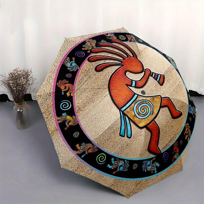 Kokopelli, Southwest Automatic Folding Umbrella  8 Ribs, Durable Iron Frame, Bright Color Pattern Compact Travel Umbrella, Suitable for Outd