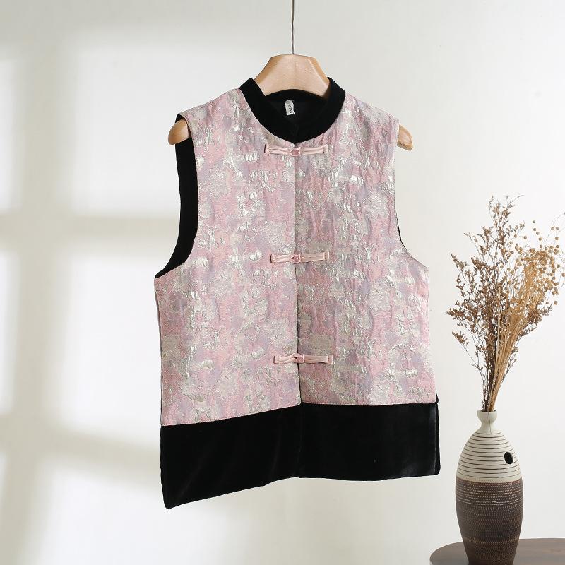 Early Spring 2025 Velvet Splicing Vest Retro Loose Crew Neck Jacquard Button Top