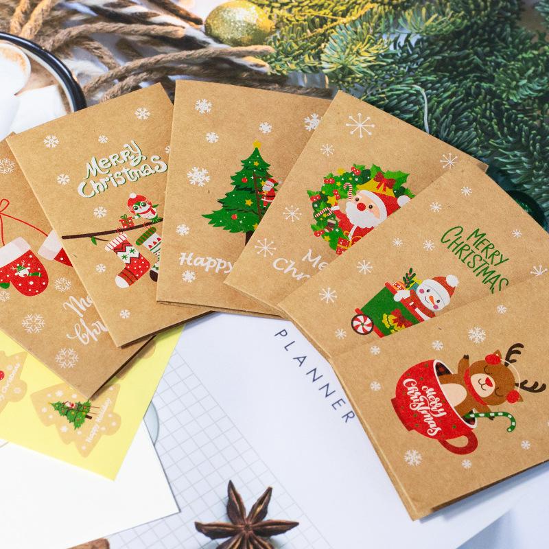 6pcs Mini Christmas Greeting Cards Merry Christmas DIY Folding Kraft Paper Card New Year Xmas Party Invitations Gifts Postcard