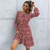 Temperament and Elegance Outer Wear Vintage Women's Printed Short Dress Round Neck Long Sleeve Red Dresses