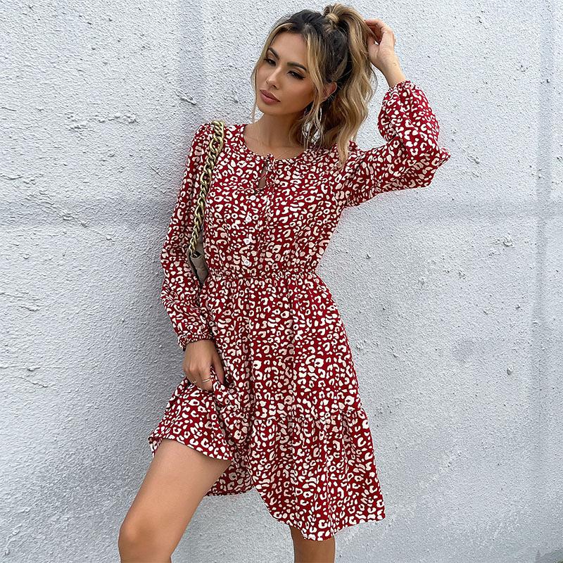 Temperament and Elegance Outer Wear Vintage Women's Printed Short Dress Round Neck Long Sleeve Red Dresses