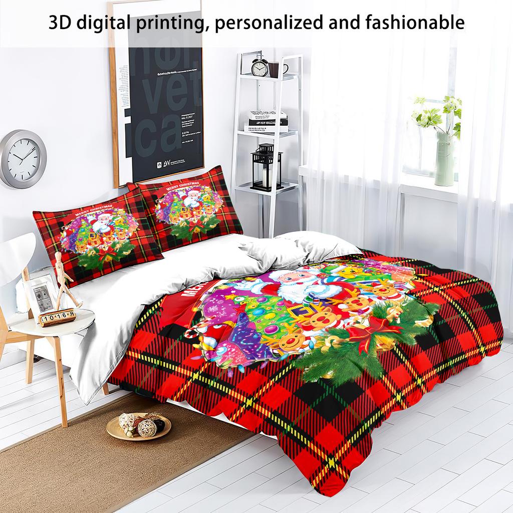 3pcs Santa Claus Print Coreless Bedding Set Soft Comfortable Dormitory Bedroom Holiday Decoration Multiple Size Machine Washable