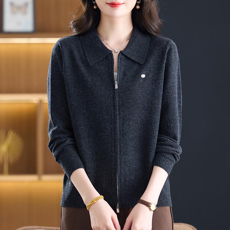 Women's Double Zipper Lapel Knit Cardigan - Spring Loose Fit Age-Reducing Sweater Jacket