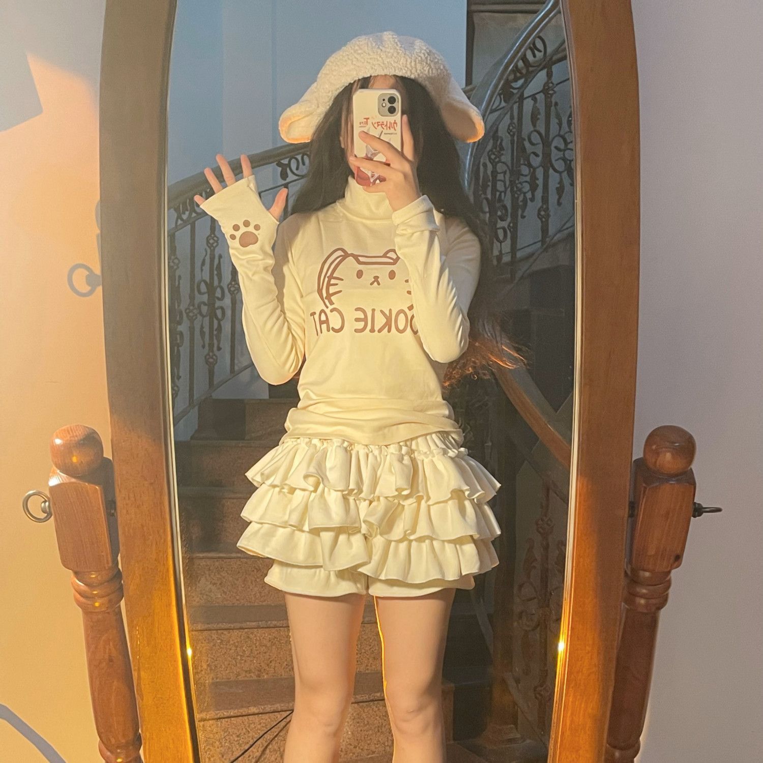 

Юбка мини-юбка Kawaii Lolita женская эластичная японская корейская милая повседневная юбка женская с оборками мягкая плюшевая теплая юбка-торт осень-зима M