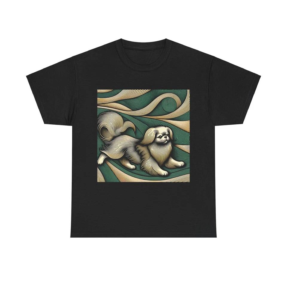 Unisex Adult T Shirt Moiré Pattern Pekingese Art Emerald Gold S