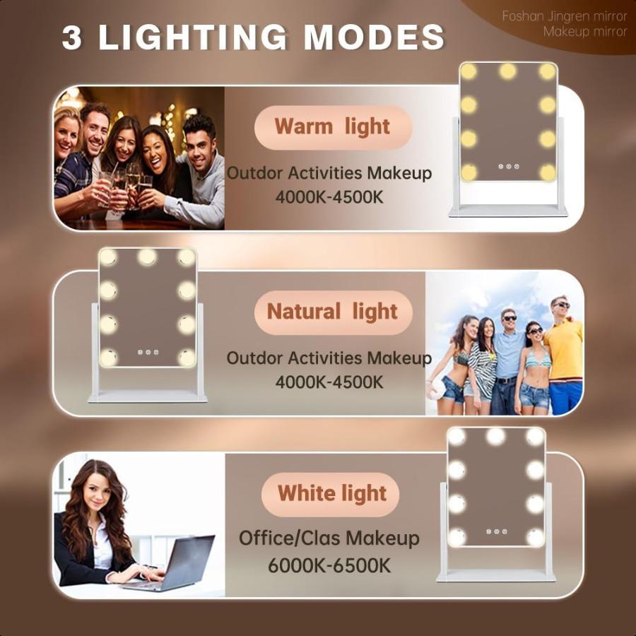 Hollywood Vanity Mirror with LightsTabletop Makeup Mirror with 9 LED Lights Smart Touch Control 3 Colors Light 360Rotation Deta