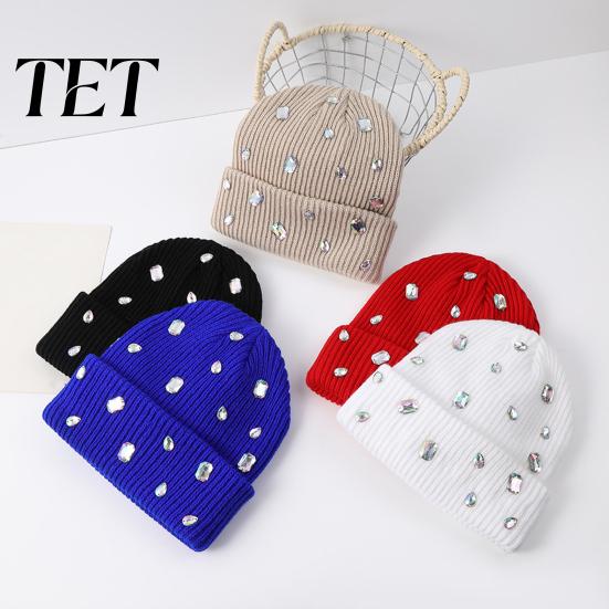 Punk Style Hat with Rhinestones Bling Rhinestone Knitted Hat, Street Knit Winter Fashionable Autumn Headwear Warm Skull Cap for Women Fashion