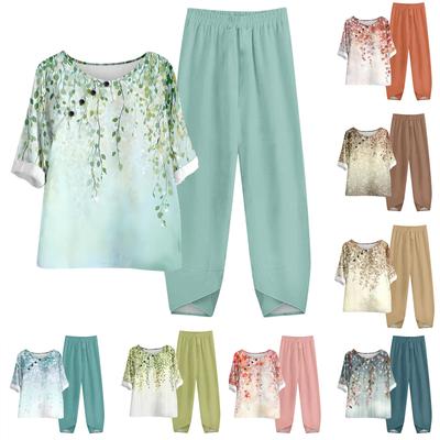 Ensemble deux pièces pour femmes, haut imprimé à manches mi-longues, taille élastique, pantalon neuf pièces, été