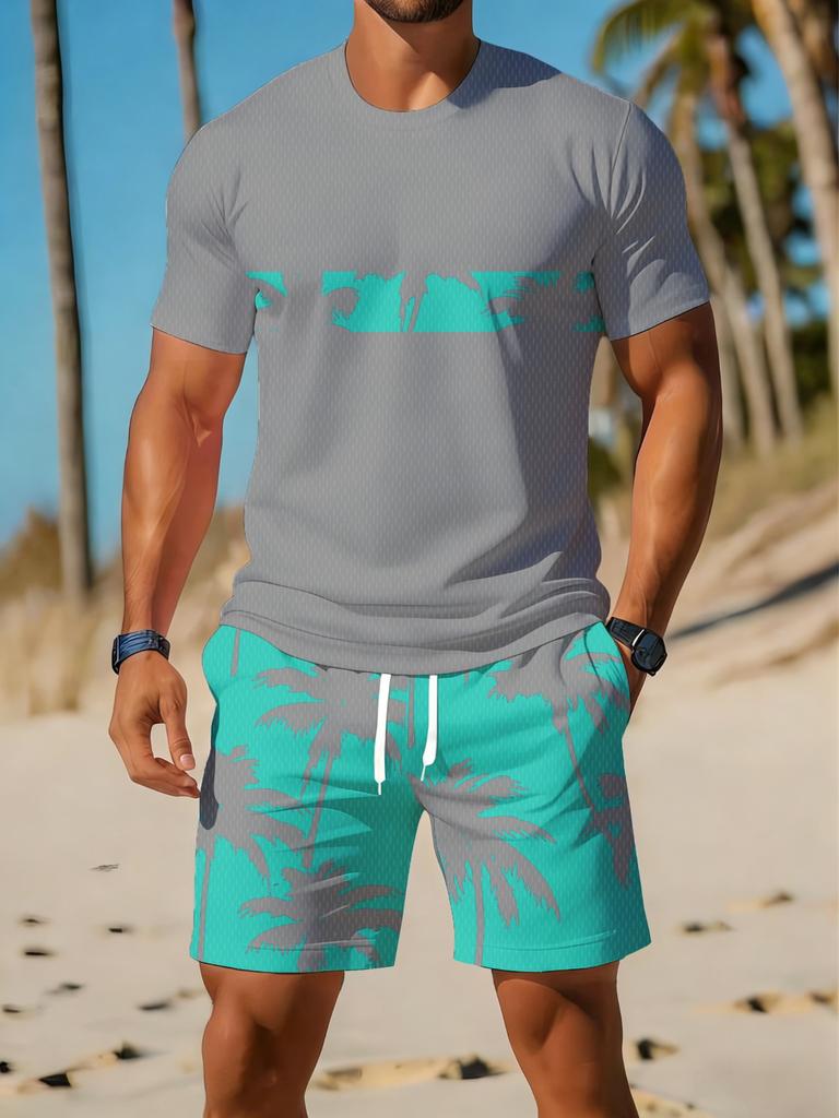 Men'S Summer Casual Sportswear Set Featuring a Breathable Round-Neck T-Shirt And Shorts with Digital Print