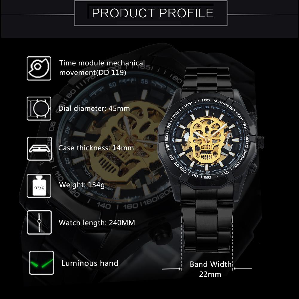 ZWYCIĘZCA Moda męska i czas wolny Luminous Skull Hollow Automatyczny zegarek mechaniczny