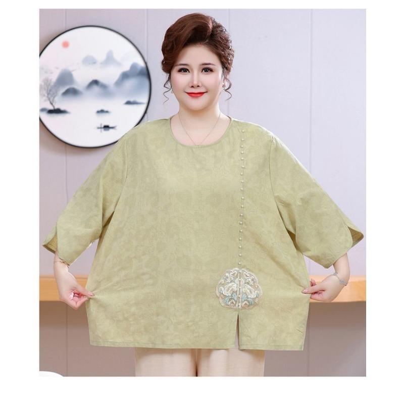 Summer Dress with Three-quarter Sleeves Plus Fat for Middle-aged and Elderly People New Chinese Style National Style Embroidery