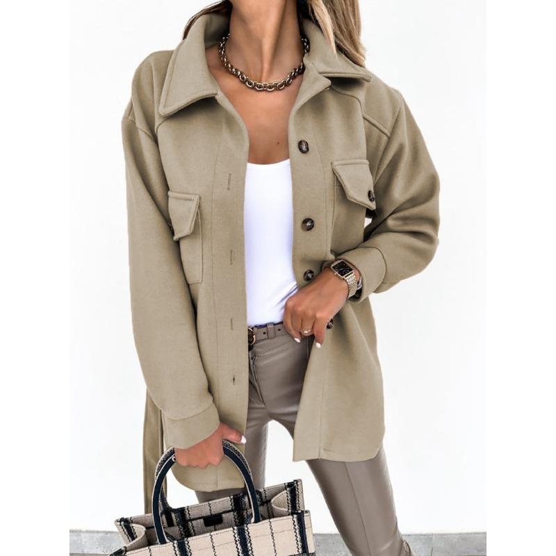 Autumn Winter Long Sleeved Cardigan Women Coats Plus Size Solid Color Casual Loose Simple Lapel Button Woolen Jackets Pockets Lace-up Women's Clothing