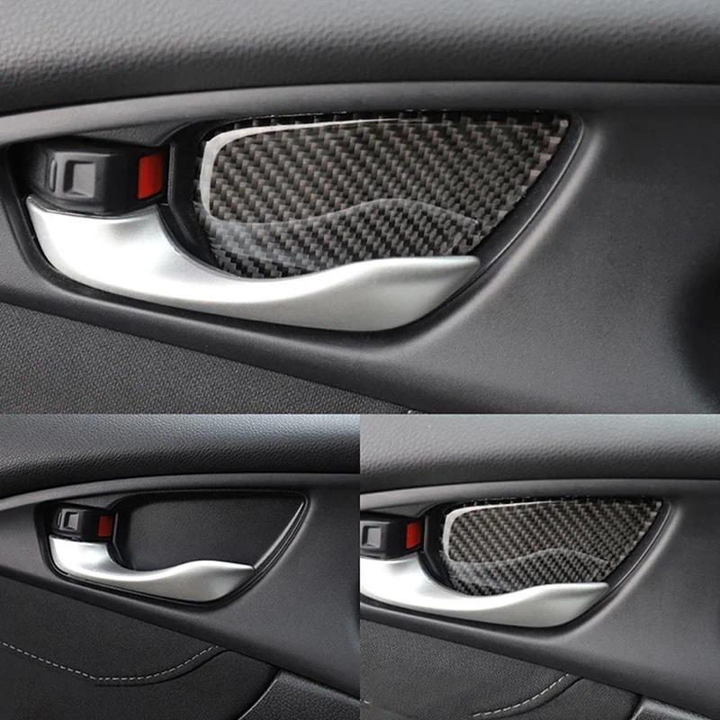4Pcs Car Inner Door Handle Bowl Cover Trim Carbon Fiber Black Auto Decor Parts For Honda Civic 10th 2016-2021