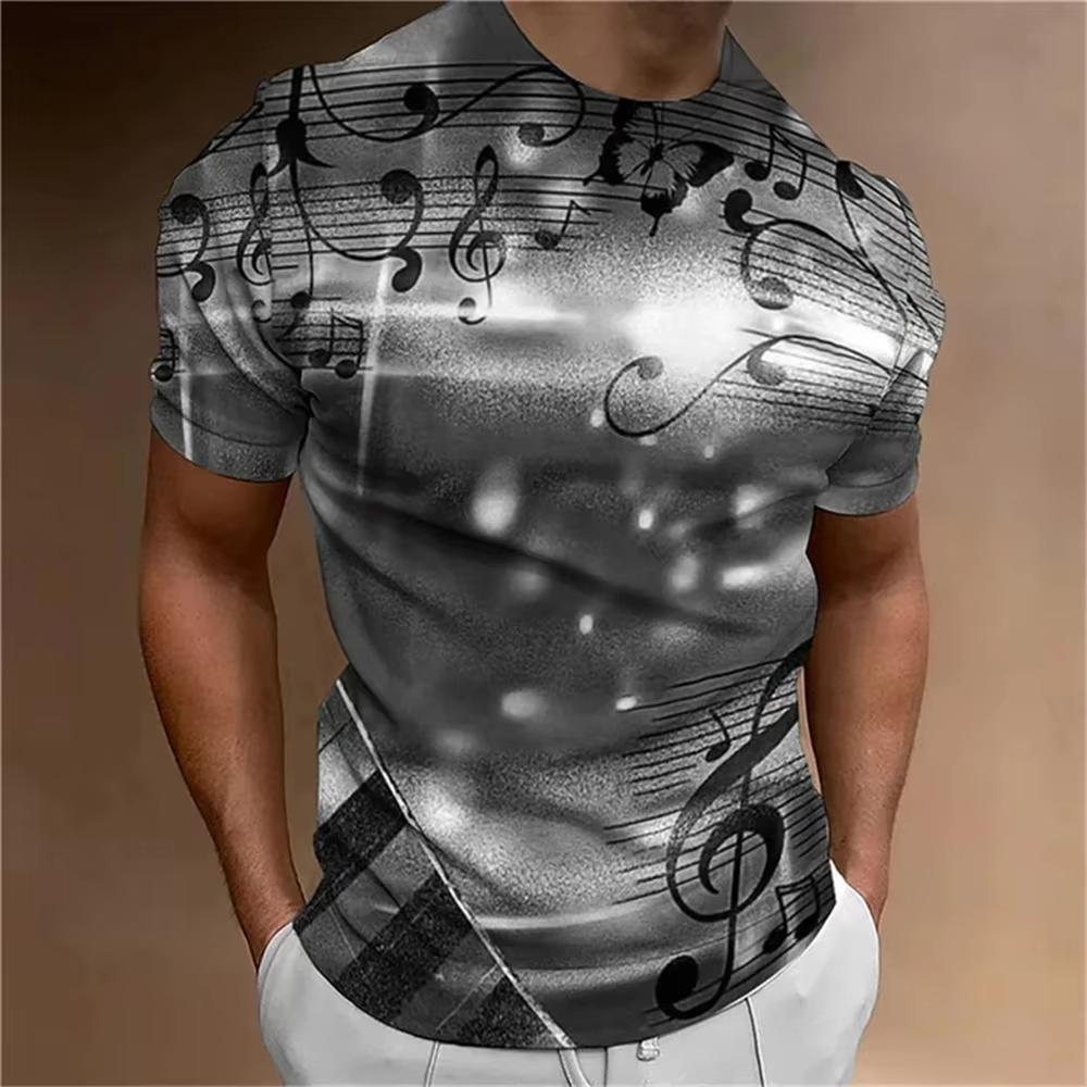 Music Notes Pattern 3D Digital Printed Men's Personalized and Fashionable Round Neck Short Sleeved T-shirt