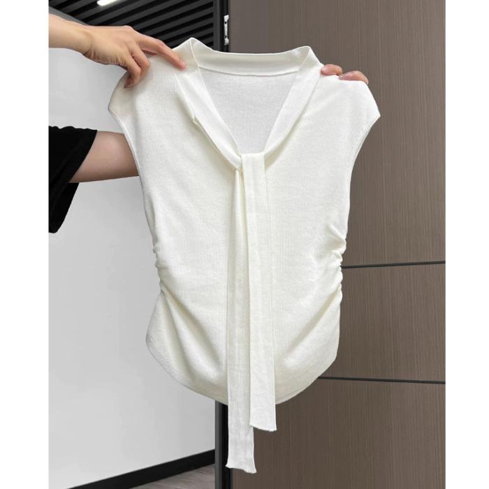 Korean deep v-neck sleeveless pleated T-shirt women's summer fresh and versatile small slim and thin temperament top ins