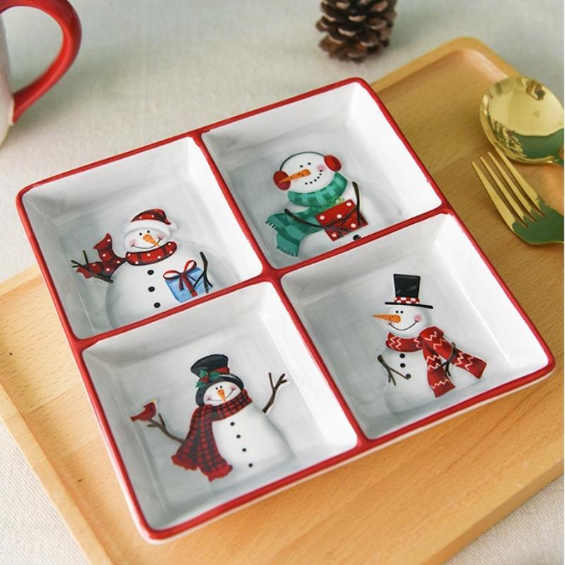 Nordic Creative Christmas Ceramic Divider Plate Embossed Christmas Snowman Ceramic Tableware Christmas Ornaments Kitchen Dish