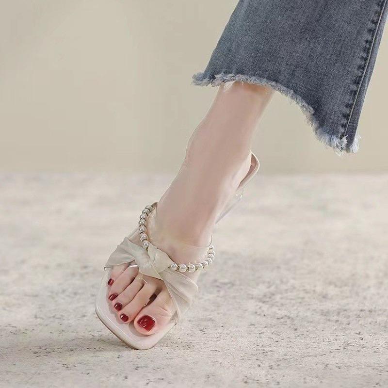 High Heels New Shoes Sandals One-strap Thick-heeled Square-toed Flip-flops