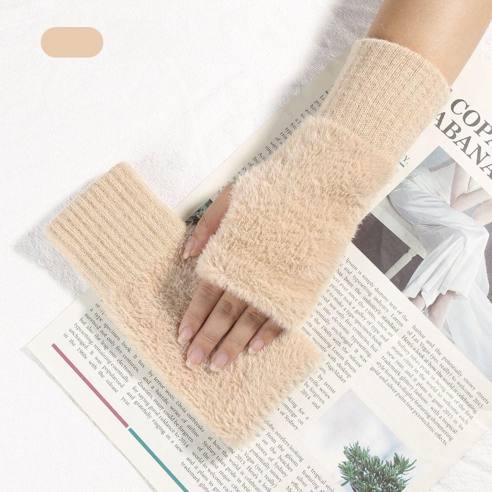 

Зимние вязаные перчатки без пальцев, теплые перчатки с половиной пальца, перчатки для сенсорного экрана L бежевый