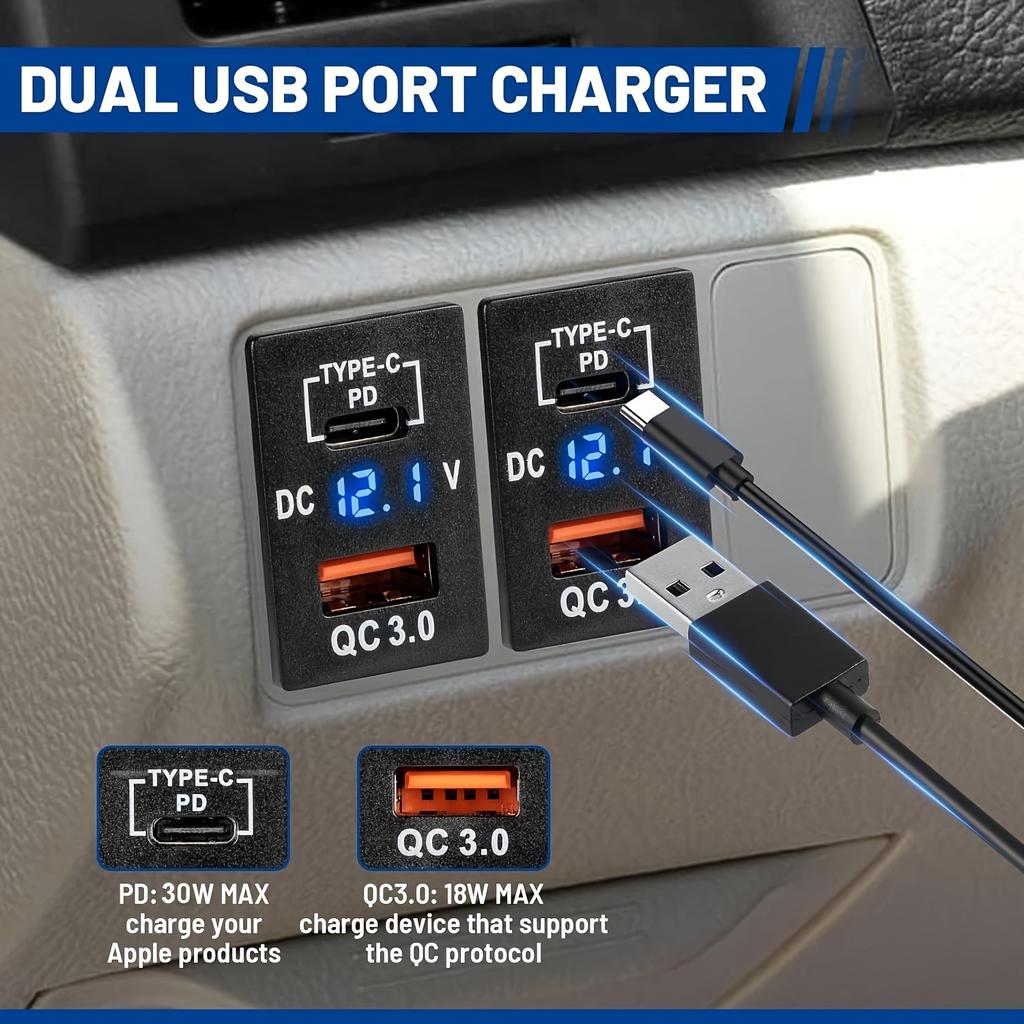 Dual USB Charger for Toyota Tundra 4Runner - PD 30W Fast Charging with Voltmeter