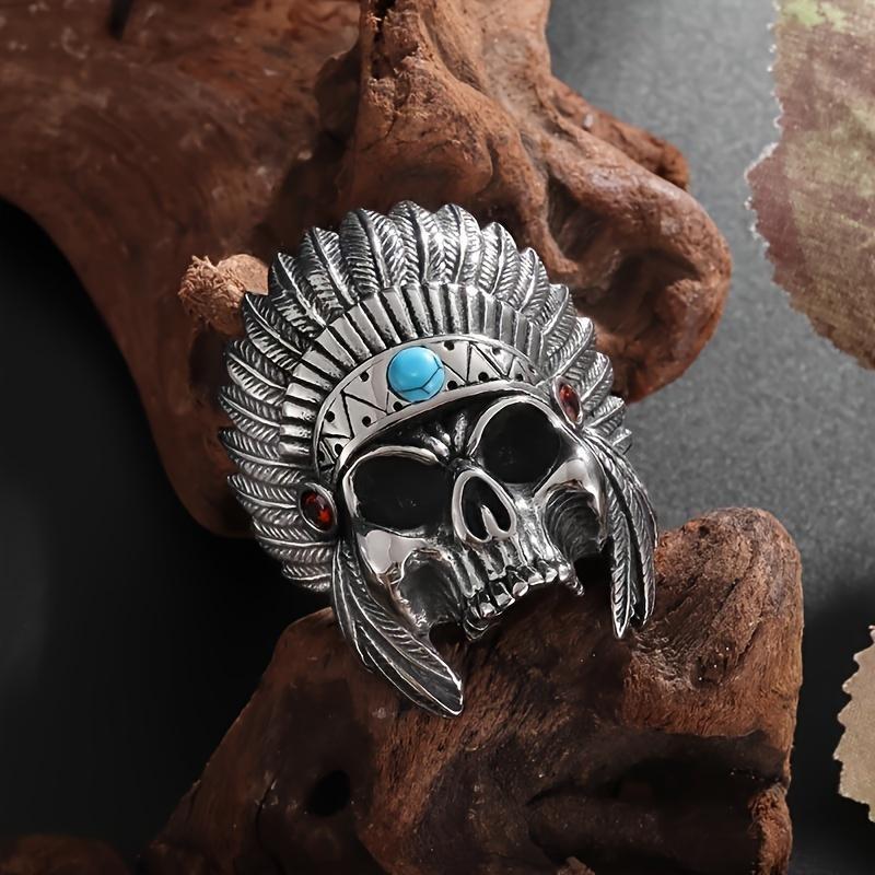 Neue kreative und personalisierte Halskette mit Anhänger aus Gothic-Totenkopf mit Feder und Indianerhäuptling, Geisterkopf-Halskette für Herren, Motorrad-Punkrock-Schmuck