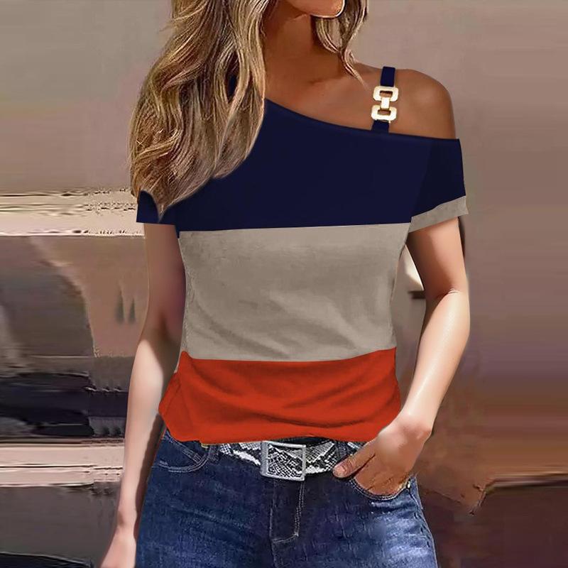 IHUASU Summer Simple Short Sleeve Metal Button Printed Top T-shirt for Women