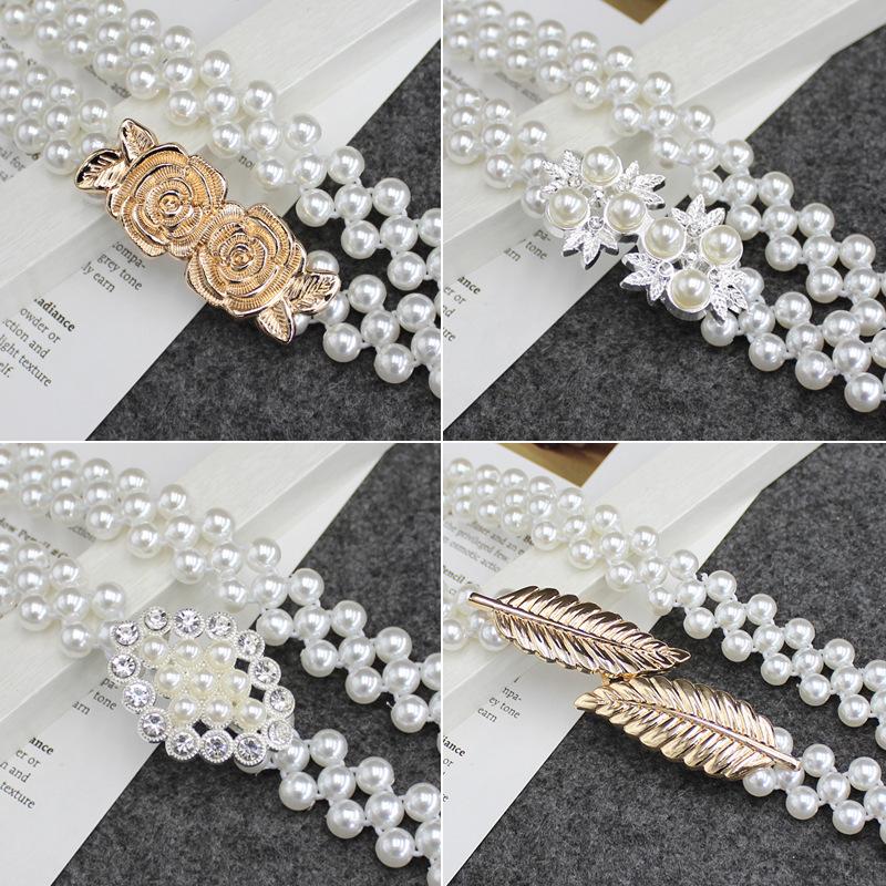 Women'S Rhinestone Pearl Waist Chain Dress Decorative Elastic Belt Women'S Sweet Flower Elastic Waist Seal