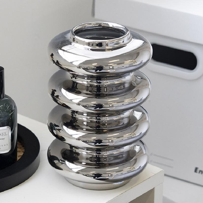 Gold-plated Silver Ceramic Vase Light Luxury Style Circle Vase Ornaments Hydroponic Flower Arrangement Accessories Ceramic Vase