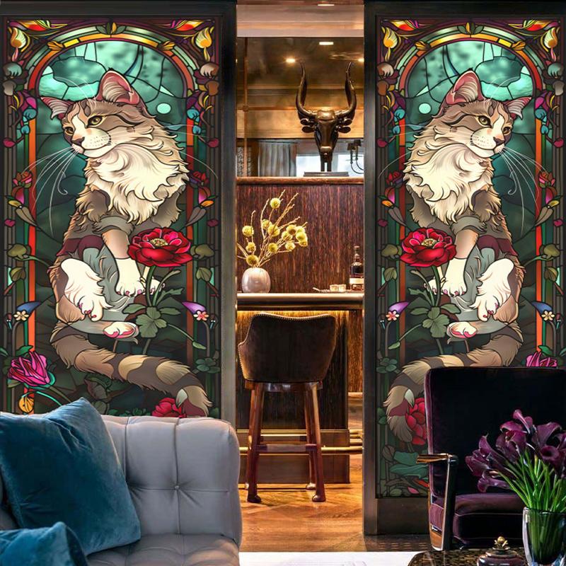 European Retro Church Window Film Self-Adhesive Creative Cat Art Painting Stained Glass Film Home Decor Privacy Stickers
