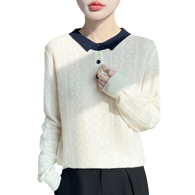 New Spring Autumn New Style Jacquard Knit Undershirt Inner Top Contrast Color Lapel Fashionable Women's Pullover Sweater