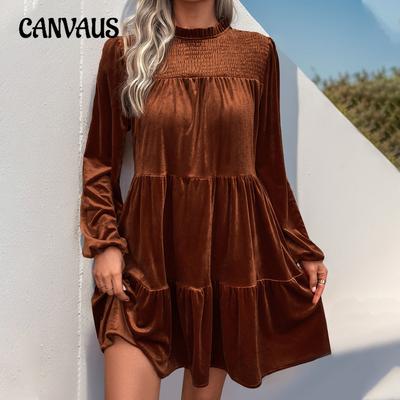 Damen Langarmkleid Einfarbig Samt Temperament Elegante Kleider