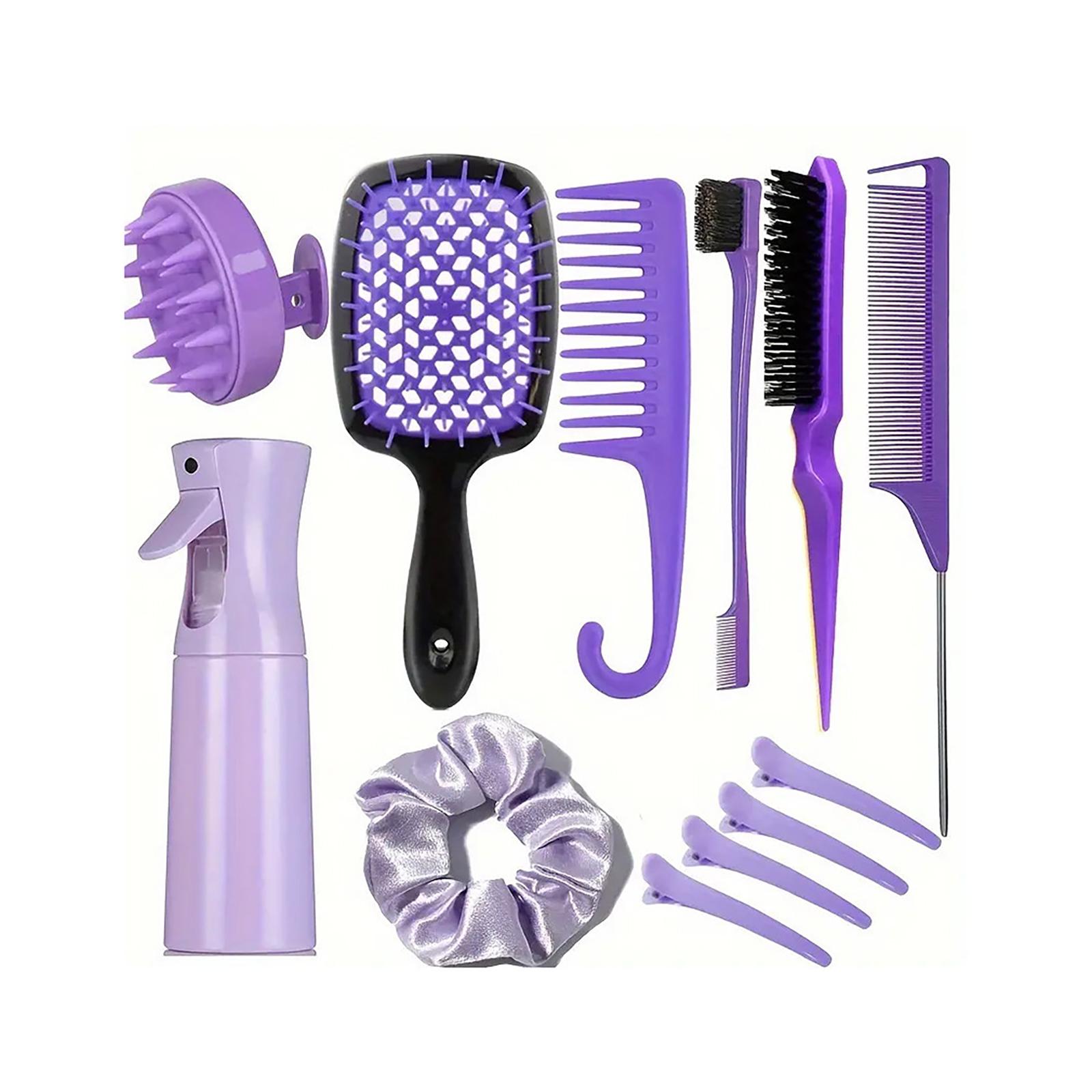 

12-Piece Hair Care Set Including Combs, Spray Bottle, Shampoo Brush, Volumizing Teasing Comb, Pointed Tail Comb, Wide Tooth Co, And Hair Ties One Size