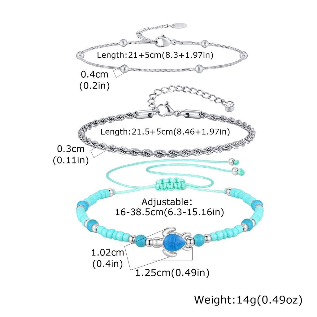 Set di cavigliere con catena blu e perline a forma di tartaruga marina stile Boho per donna, Cavigliera in acciaio inossidabile color argento, Gioielli alla moda per il piede
