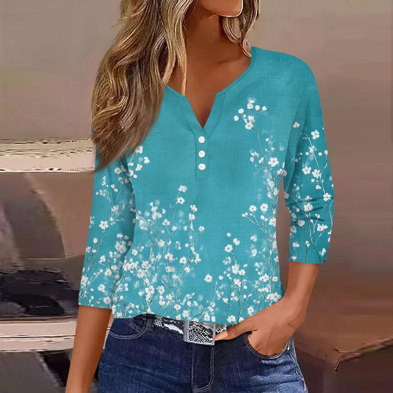 

Жен. Футболка Футболка С принтом Пуговицы Рукав 3/4 Повседневные Выходные Мода Классический Классический V-образный вырез Обычный Верх S