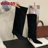 Fashion Fashion Pointed Toe Party Modern Ladies Knee High Boots Female Thin Heels Shoes Flock Women Long Boots Slip On Shoes Pumps lady