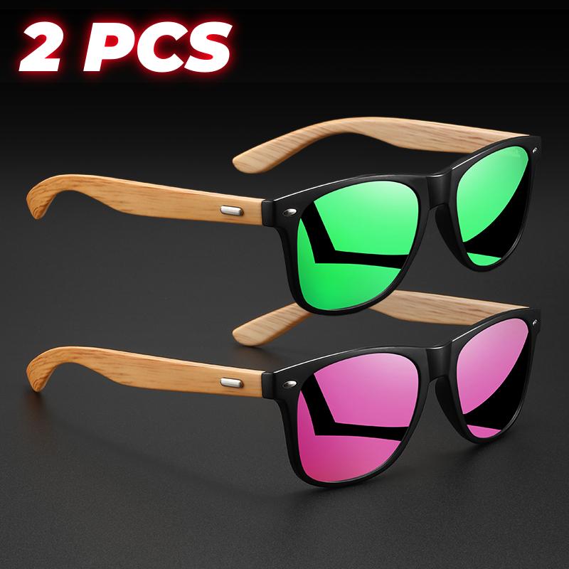 2PCS Retro Square Sunglasses Bamboo-Like Temple Silver Rivet Accents UV400 Unisex Gift for Outdoor & Daily Vintage Elegance