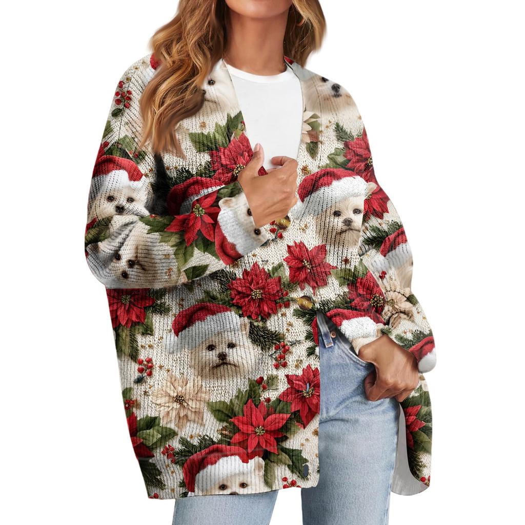 Women's Fashion Long Sleeve Christmas Print V-Neck Button Loose Cardigan Top