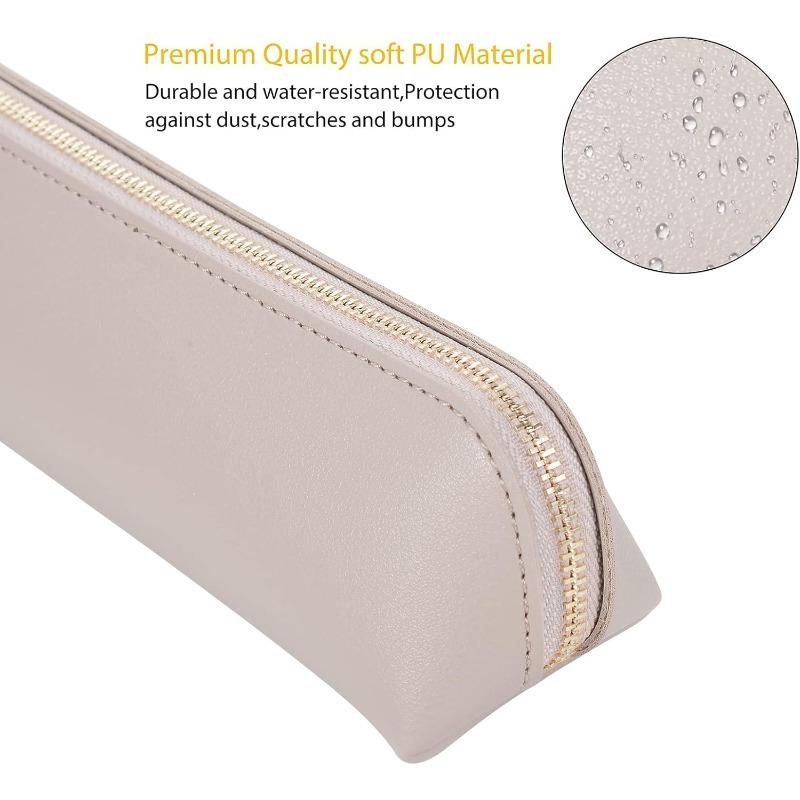 Slim PU Leather Pencil Case with Golden-Tone Metallic Zipper - Khaki School Supply Organizer, Large Capacity Pocket Book for, s, Office & College