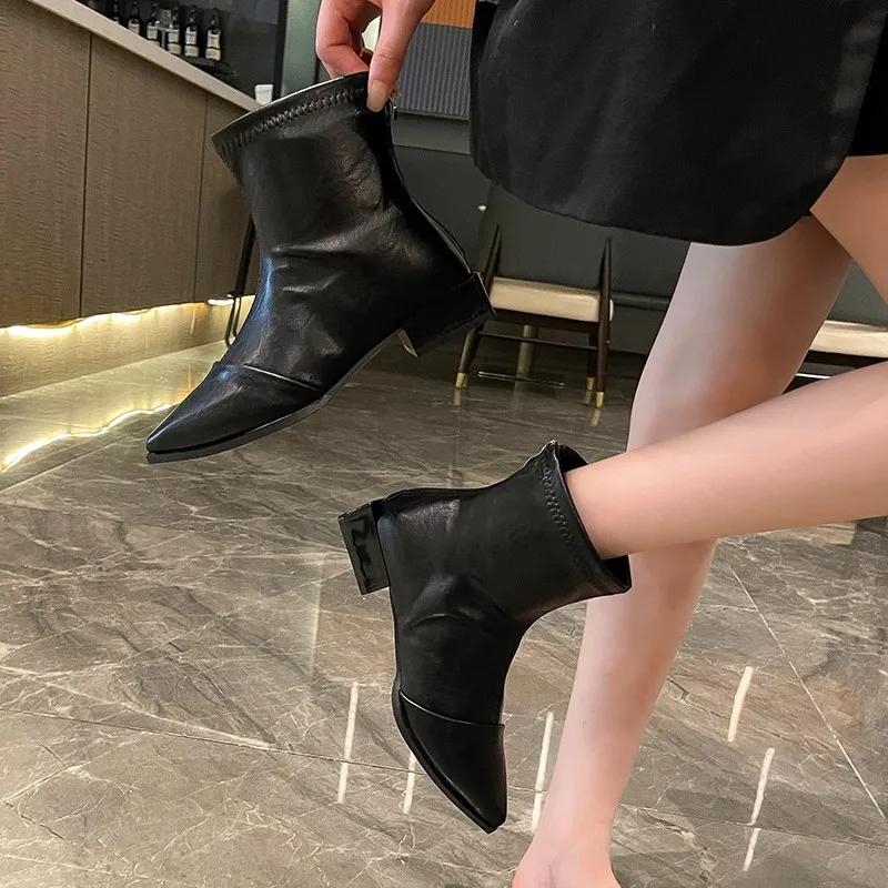 2025Autumn New Fashion Women Ankle Boots Shoes Fashion Pointed Toe  Square Low Heels Casual Winter  Footwear