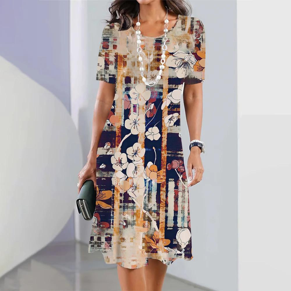 Letnia Sukienka Damska Trapezowa z Krótkim Rękawem Damska Klasyczna Retro Nadruk Casual Dekolt Okrągły Pulower Luźna Sukienka