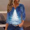 Women's Fashion Casual Christmas Print V-Neck Short Sleeve Decorative Button Three-quarter Sleeve T-shirt Top