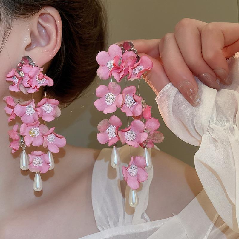 Fresh Sweet Fabric Flower Dangle Earrings for Women Imitation Pearl Water Drop Tassel Earring Elegant Charm Jewelry Vacation