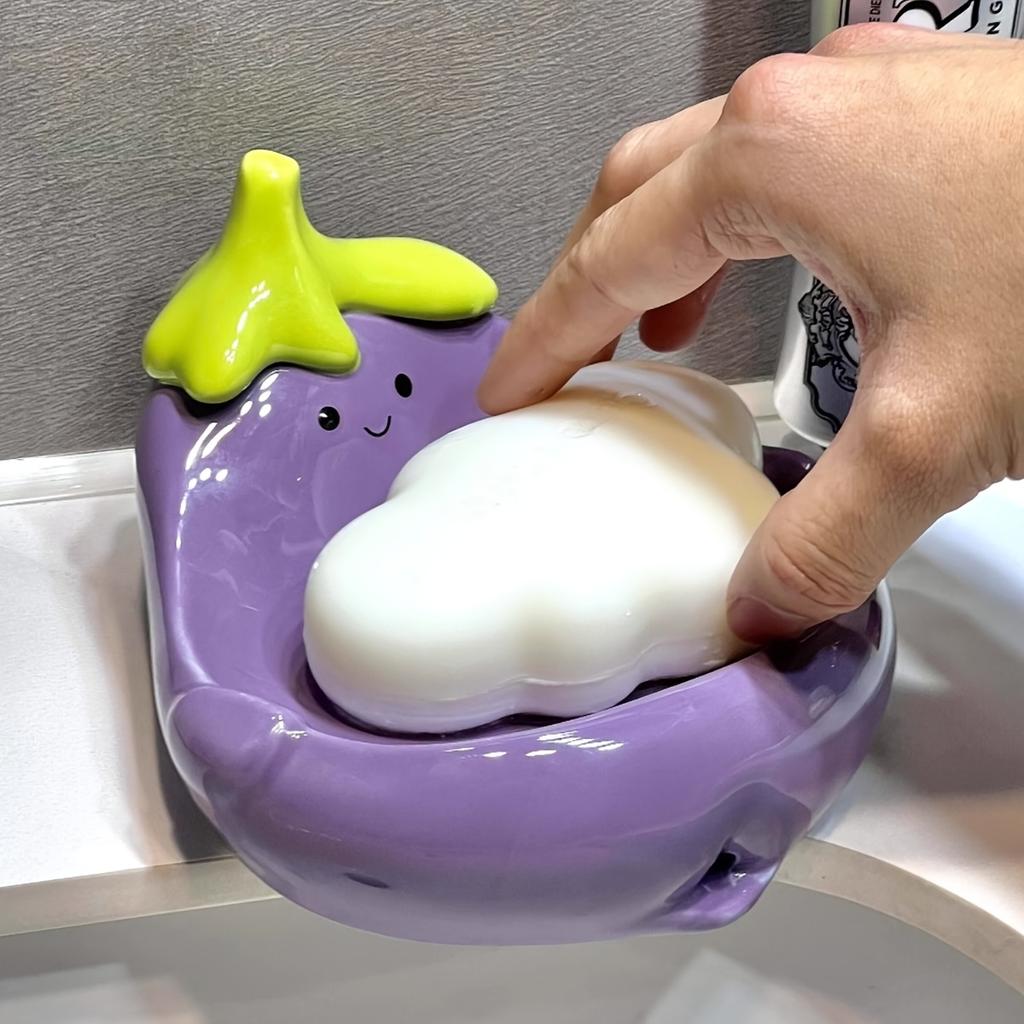 Cute Smiling Face Ceramic Soap DishOval Durable Bathroom Countertop Organizer with Drainage Holes,Purple/White Design for Soap,Toothbrushes,Toiletries