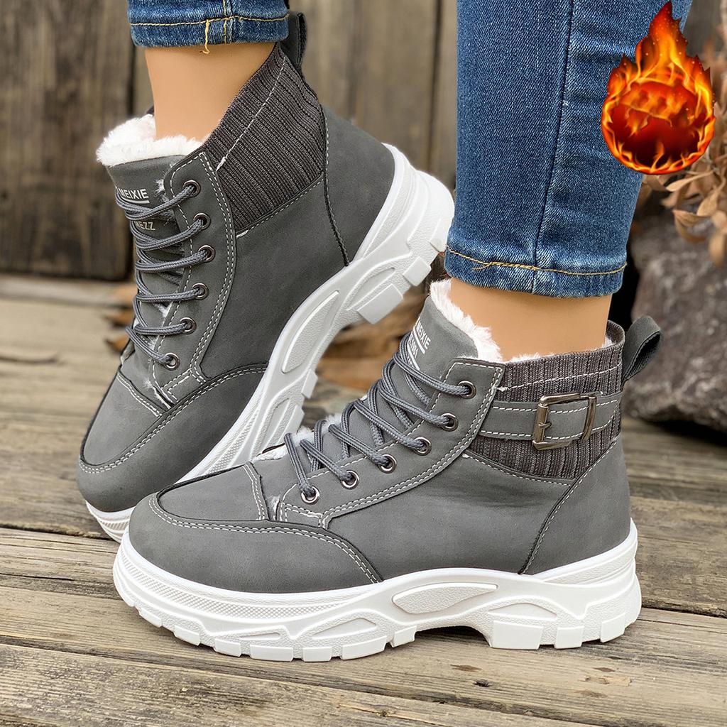 Fashion Fashion Women Warm Boots Mid Heels Shoes Winter Students Flat Boots Walking Pure Color Lace-up Boots Shoes Casual Sports Shoes